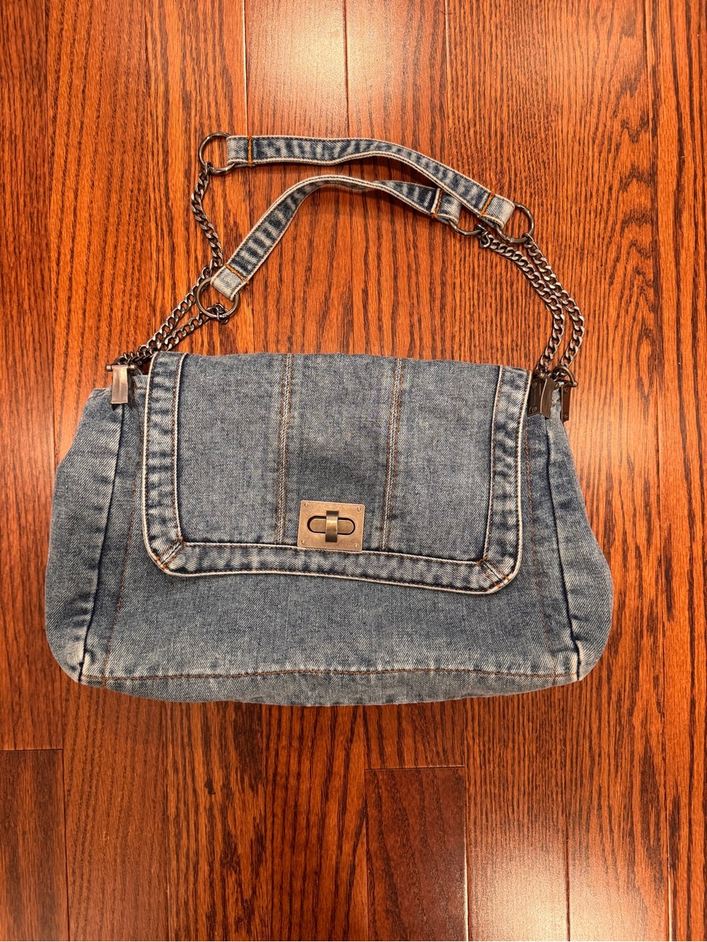 Denim Shoulder Bag with Chain Strap - Blue